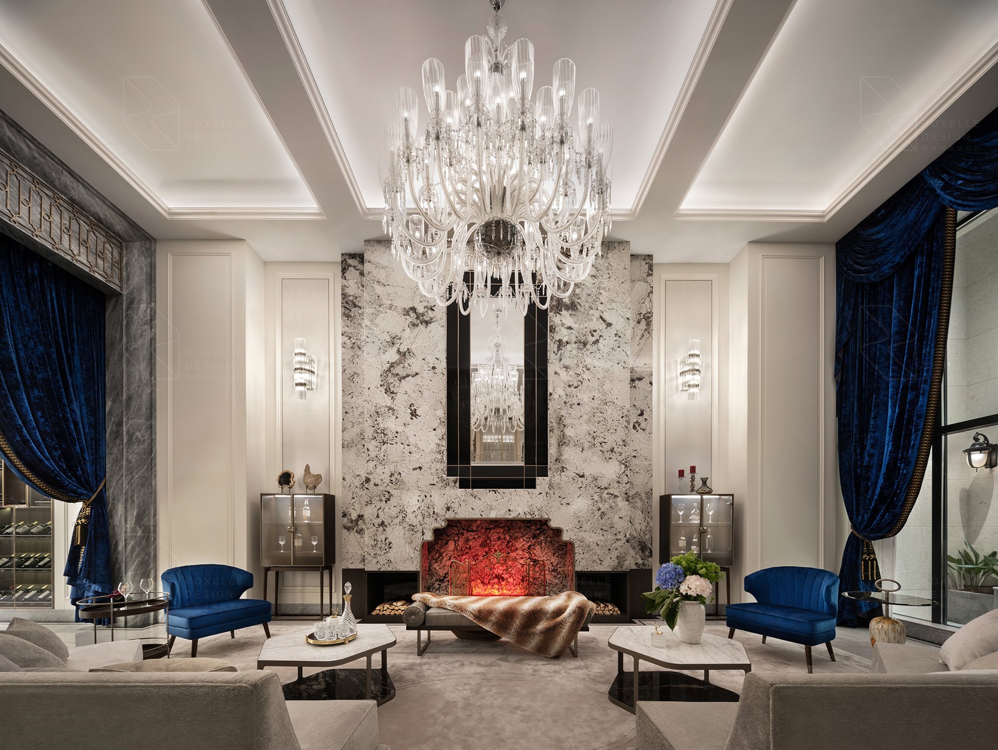 Formal salon with crystal chandelier, marble fireplace wall and sapphire velvet drapery